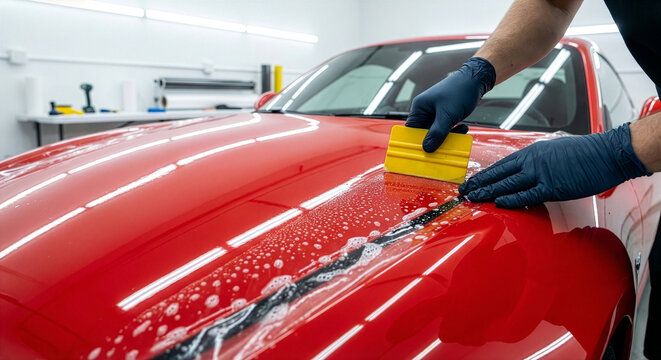 Applying clear paint protection film to red car hood with squeegee, automotive detailing service