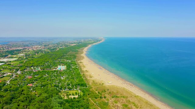Venice, Italy. Beaches of Punta Sabbioni. Cavallino-Treporti. Clear sunny weather. Drone footage