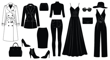 Fashion collection of black and white clothing shoes and accessories