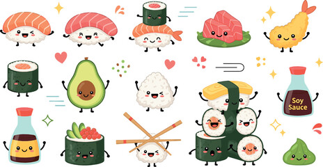 Cute Kawaii Sushi Food Illustration Set with Smiling Nigiri, Maki Rolls, Avocado, Soy Sauce, Rice, and Playful Japanese Cuisine Characters © Sanjida