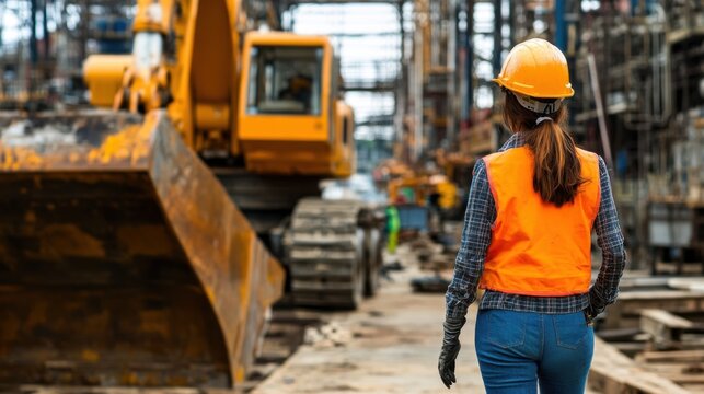 Female Construction Worker Walks Near Excavator on Site