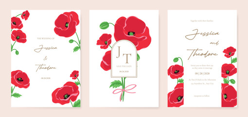 Fototapeta premium Poppy Flower Wedding Invitation set, floral invite thank you, rsvp modern card Design in Red flower with greenery branches decorative Vector elegant rustic template