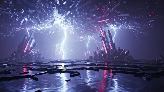 Futuristic cityscape under electrifying thunderstorms with neon reflections and sci-fi elements
