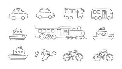 Transportation Collection Line Art: A comprehensive set of vehicle line art illustrations, perfect for creative projects focused on movement and conveyance.