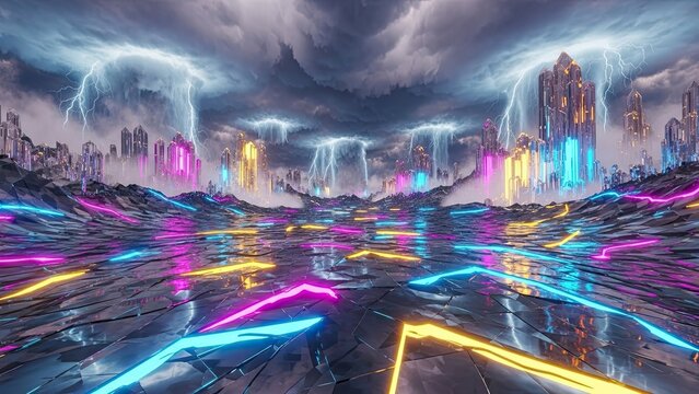 futuristic cityscape under lightning storm with vibrant neon reflections and dark stormy skies