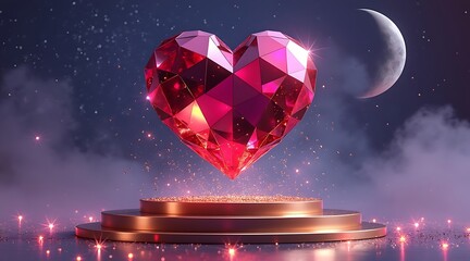 A radiant gemstone heart floating atop a pedestal under a starry night sky