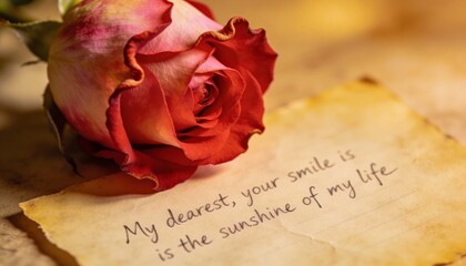 Single Red Rose with Handwritten Love Note on Vintage Paper