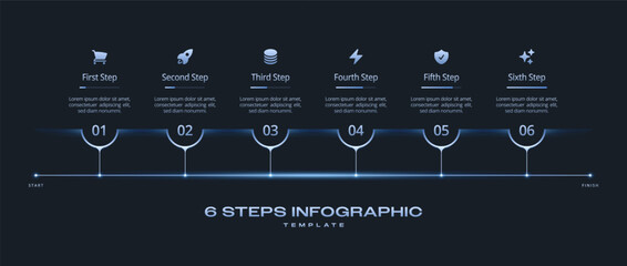 Horizontal Dark Tech Infographic Template with Neon Blue Gradient Circles, Numbered 6 Step Process Icons, Timeline Journey and Progress Diagram for Presentation, Workflow, Banner, and Flowchart Layout © semurup