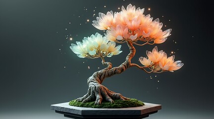 A vibrant bonsai tree with glowing pink and blue foliage against a dark background.