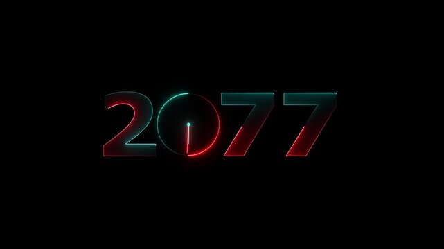 Happy New Year 2077 glowing neon text animation. New year celebration transfer animation. festival, new life, growth of business, investment, finance, innovation. 