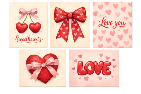 Set of girly coquette greeting cards for Valentine's Day. Romantic design with hand drawn frames, hearts, bows and ribbons, sweet cherry in sketch style. Vector poster, banner, wedding invitation