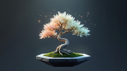 A surreal bonsai tree with vibrant pink and blue foliage against a dark background