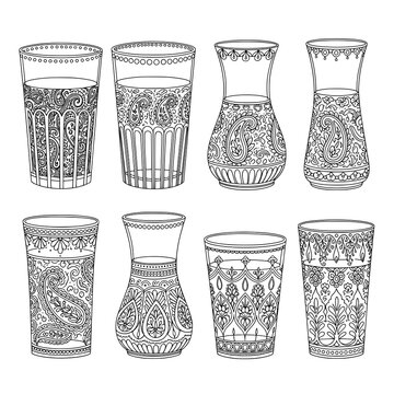 Decorative tea and sharbat glasses line art black vector illustration set on white background