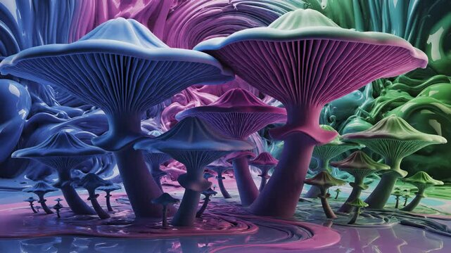 Seamless loop of abstract mushroom forms growing and dissolving in a flowing pattern of liquid blue, magenta, and emerald green colors creating a unique graphic background flowing, growing, texture