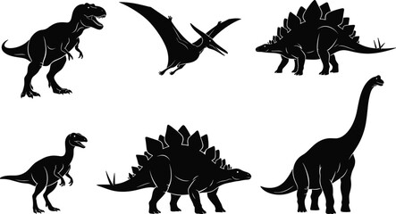 Dinosaur silhouettes collection featuring prehistoric animals including tyrannosaurus, stegosaurus, pterodactyl and brachiosaurus, black vector figures isolated on white background © Wow999