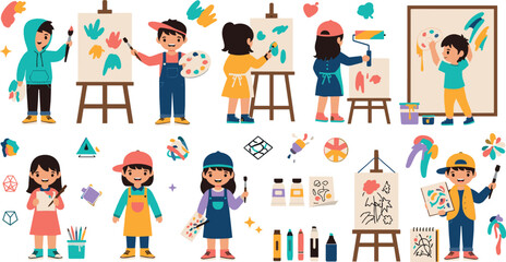 Fototapeta premium Cute Kids Painting Illustration Set with Children Creating Art on Easels, Using Brushes, Paints, and Creative Supplies for Education and Art Class Designs