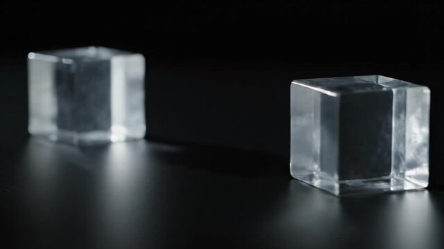 Two transparent cubes with dark cores on a black reflective surface, abstract, minimalist, studio shot