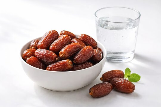 Bowl of ripe dates with glass of water and mint garnish