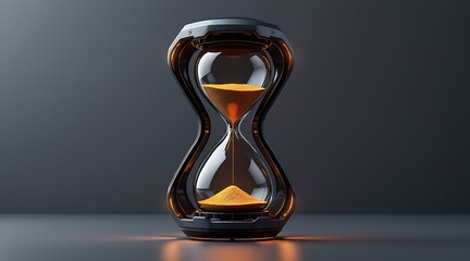 Hourglass with golden sand against a dark reflective background