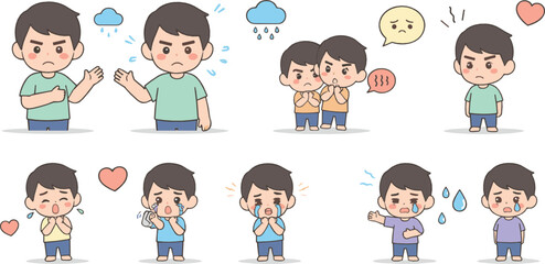 Fototapeta premium Cute little boy character set showing emotions and feelings, child facial expressions and gestures, adorable kawaii flat vector illustration for kids design