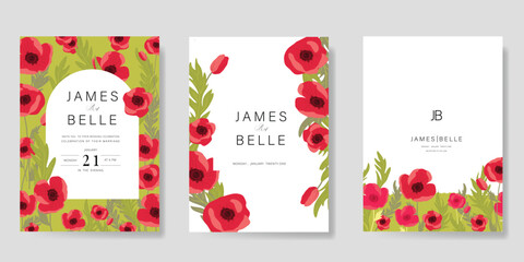 Fototapeta premium Poppy Flower Wedding Invitation set, floral invite thank you, rsvp modern card Design in Red flower with greenery branches decorative Vector elegant rustic template