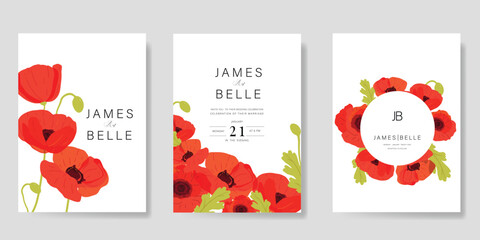 Fototapeta premium Poppy Flower Wedding Invitation set, floral invite thank you, rsvp modern card Design in Red flower with greenery branches decorative Vector elegant rustic template