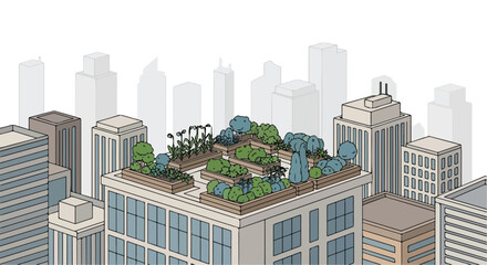 Obraz premium Illustration of a modern office building with a rooftop garden surrounded by skyscrapers in a cityscape with a clean white background.