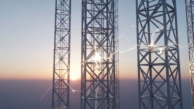 Electric storm illuminating towering transmission towers during sunset in a striking industrial