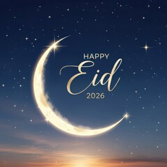 Fototapeta premium A serene night sky with a crescent moon and the text happy eid 2026