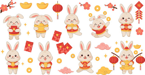 Obraz premium Cute rabbit characters celebrating Chinese New Year with gold coins and lanterns, lucky bunny mascots and festive elements, colorful flat vector illustration set