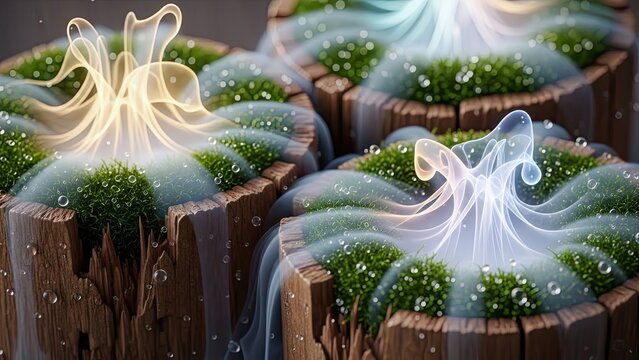 Enchanting Magical Fire Elemental Plants in Wooden Containers with Glowing Spirits