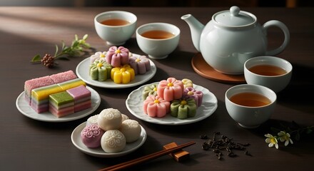 Fototapeta premium Korean traditional desserts and tea, colorful rice cakes (tteok), ceramic teacups