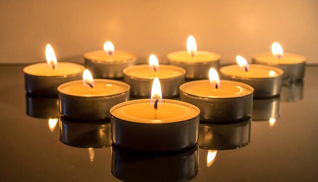 Lit tealight candles glowing with warmth, arranged on a surface