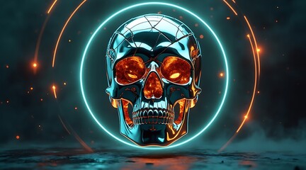 Cybernetic skull with futuristic holographic energy aura and digital elements