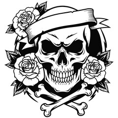Vintage Skull with Roses and Crossbones Emblem tattoo design