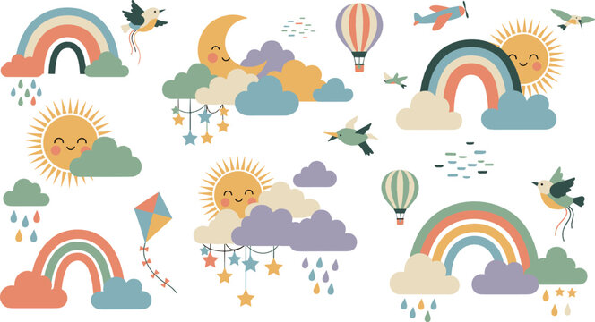 Cute sky and weather elements with smiling sun, clouds, rainbows and birds, dreamy nursery decoration and pastel background concept, soft flat vector illustration set