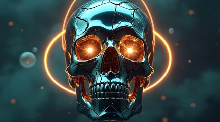 Eerie glowing skull amidst cosmic energy and mystical aura