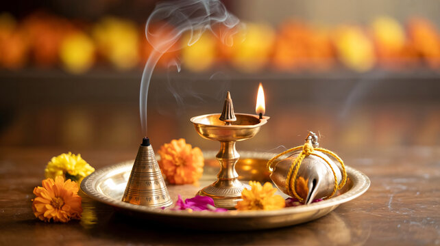 Traditional diwali oil lamp with incense and marigold flowers on festive plate