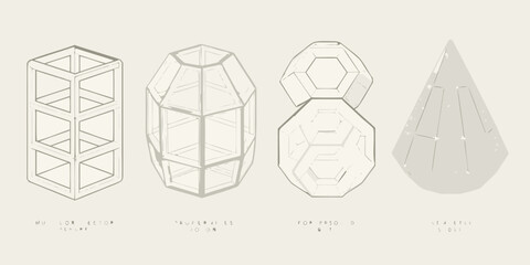 Geometric wireframe structures displayed in a minimalist linear illustration