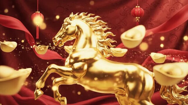 A Majestic Golden Horse Gallops Through a Shower of Gold Ingots for a Prosperous Chinese New Year Celebration.