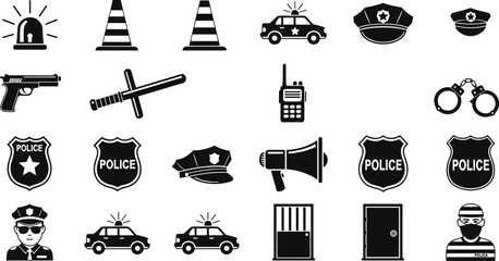 Police and law enforcement icon set illustration, black and white security symbols with patrol car, siren, handcuffs, badges, weapons and communication tools © LITON WORLD
