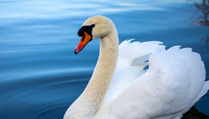 Obraz premium Regal swan with distinctive black beak gliding across serene blue water