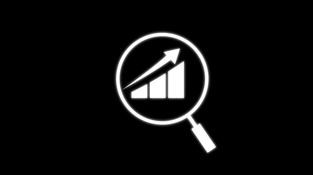 Market research icon animation. Animated line growing graph chart inside magnifying glass. Competitor analysis. Loop 4k video with alpha channel, on white background. Outline motion graphic.