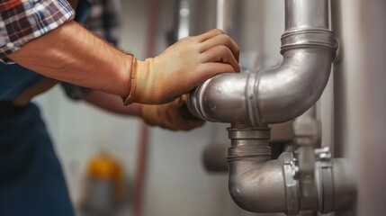Plumber's Hands Tightening Metal Pipe Fitting
