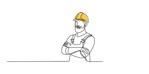 Continuous one line drawing of Construction worker standing confidently with arms crossed wearing safety gear