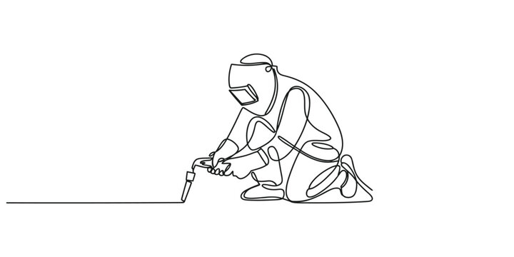 Continuous line drawing of a welder using welding machine in the construction project vector illustration.