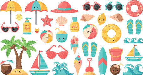 Fototapeta premium Cute summer beach elements vector set with smiling icons, umbrellas, sunglasses, ice cream, waves and tropical vacation accessories, colorful flat illustration for kids designs