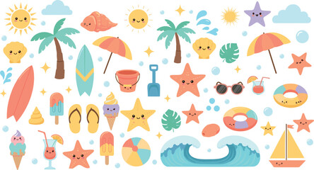 Fototapeta premium Cute Summer Beach Illustration Set with Smiling Sun, Palm Trees, Surfboards, Ice Cream, Starfish, Waves, and Tropical Vacation Elements