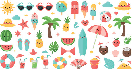 Cute Summer Tropical Illustration Set with Smiling Fruits, Ice Cream, Palm Trees, Surfboards, Sunglasses, Drinks, and Beach Vacation Elements