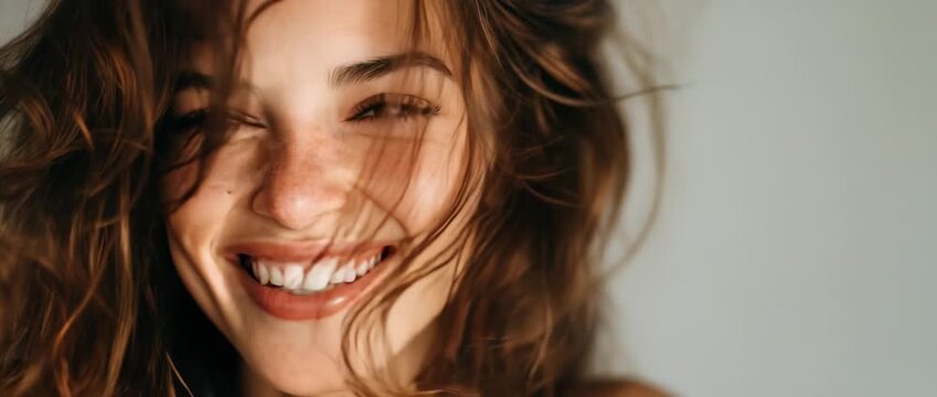 A joyful young woman laughing with messy windblown hair, ecstatic expression, candid lifestyle, beautiful female face, isolated on white background.